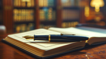 An elegant fountain pen lying on an open, leather-bound notebook in a well-lit study. 