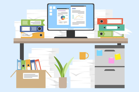 Pile of paper documents and file folders on desk with monitor, Unorganized document on table, Worktables with many pile of papers concept.