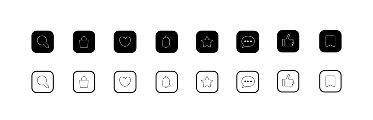 Social media icon set. Social media buttons. Silhouette and linear style. Vector icons