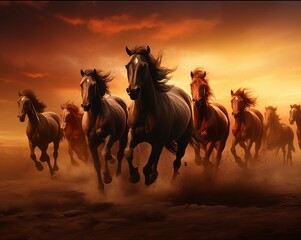 a majestic horse herd against a solid background, bathed in the warm, golden hues of a sunset.