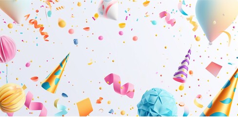 Festive celebration concept: colorful party hats and confetti on bright yellow background