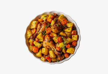 Baked chicken thighs and fried potatoes look delicious.
