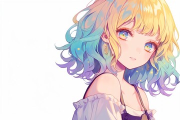 Beautiful Anime Girl With Yellow Hair On White Background