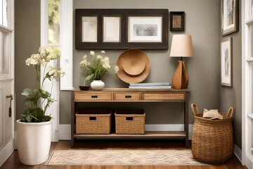 Design a functional entryway with a stylish console table and organizational baskets  - obrazy, fototapety, plakaty