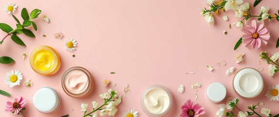 Cosmetic cream and flowers on pink background. Beauty and skincare concept. Top view, flat lay.