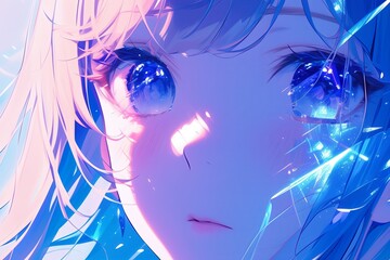 Closeup Of Focused Anime Girls Face, Expressing Her Connection To Technology