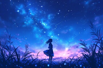 Fototapeta premium Digital Art Of An Anime Girl Mesmerized By The Starry Night Sky