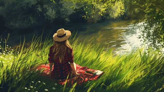 Girl Picnicking in the Green Grassland