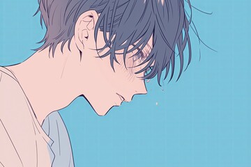 Handsome Anime Boy In Profile On Baby Blue Color Background - obrazy, fototapety, plakaty