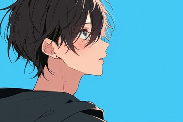 Handsome Anime Boy In Profile On Baby Blue Color Background