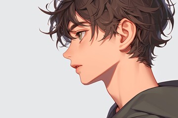 Naklejka premium Handsome Anime Boy In Profile On Light Gray Background