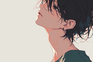 Handsome Anime Boy In Profile On Light Gray Background