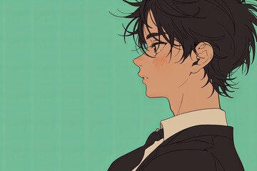 Fototapeta premium Handsome Anime Boy In Profile On Mint Green Color Background