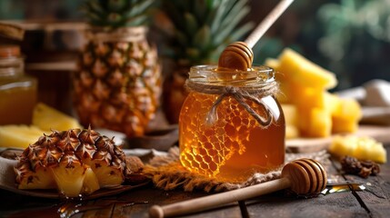 Dynamic composition featuring honey and the tropical goodness of pineapples, elegantly presented in a glass jar with a wooden spoon dipper