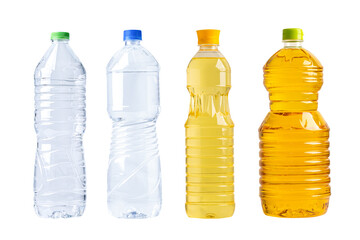 Water and Vegetable oil in different bottle for cooking isolated on white background.