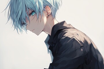 Handsome Anime Boy With Baby Blue Color Hair On White Background