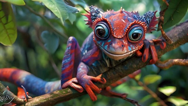 A colorful arboreal mammal with large eyes and a prehensile tail using its dexterous hands to grasp onto the branches of the jungle trees.