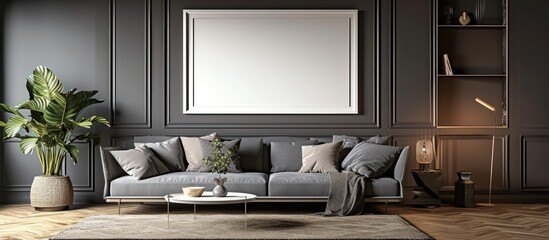 3d rendering modern living room with grey sofa and pillows on decorative wall with dark brown panels