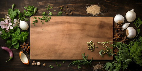 Mockup of an unoccupied rustic wooden cutting board mockup with a bordered design frame, surrounded by fresh ingredients. Vegan composition exhibited against a dark contemporary kitchen surface.