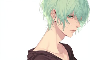 Handsome Anime Boy With Mint Green Color Hair On White Background