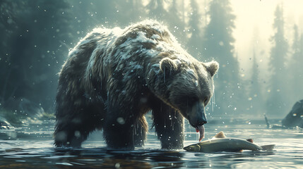 a bear feeding on salmon in a river  forest background