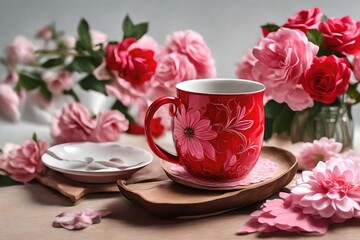 Fototapeta na wymiar Water mug red color with pink flower background blur