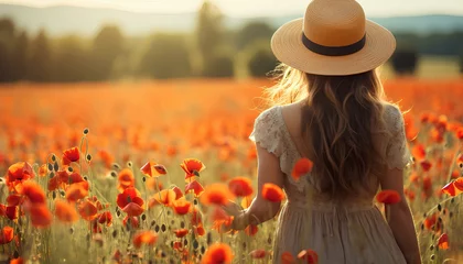 Raamstickers girl in poppy field. woman with a hat on in a tall red poppy field © Divid