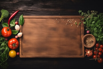 Rustic wooden cutting board mockup with a bordered design frame, surrounded by fresh ingredients. Vegan arrangement showcased against a dark contemporary kitchen background.