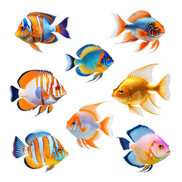 Colorful tropical fishes collection. Transparent PNG