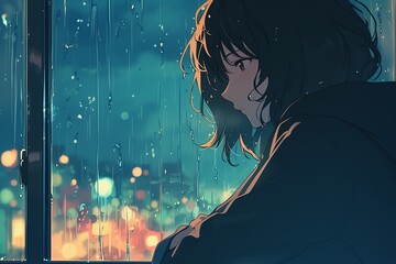 Lonely Anime Character Gazes Out Rainkissed Window, As Lofi Beats Soothe Her Soul