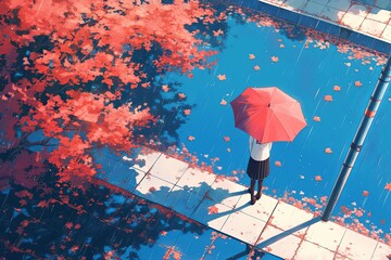 Rain Falls On Flooded Sidewalk, Autumn Leaves Scattered, Anime Art, Looping Animation