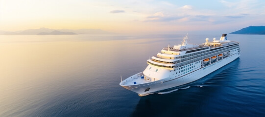A large white cruise ship is sailing on the sea. drone view