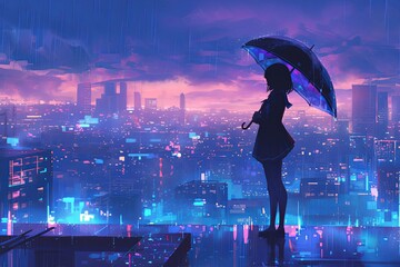 Rainy Cityscape At Night Witnessed By An Anime Girl In Wallpaper