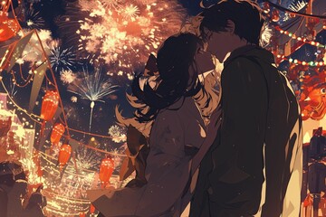 Romantic Anime Couple Gazes At New Years Fireworks On Christmas Night Vertical