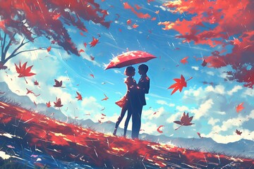Romantic Anime Couple Seeks Shelter Under Red Autumn Tree During Rainstorm