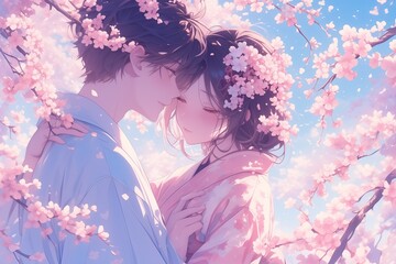Romantic Couple Surrounded By Pink Cherry Blossoms, Creating An Animeinspired Scene