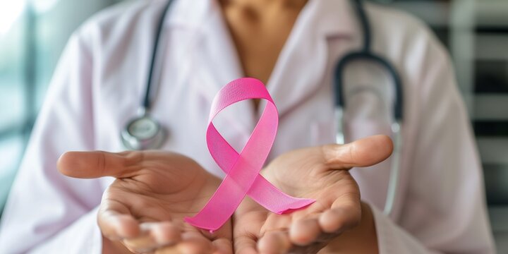 Pink October Breast Cancer Awareness month, woman with pink Ribbon