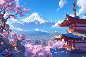 Serene Japanese Village With Traditional Temple, Cherry Blossoms, And Stunning Mount Fuji Backdrop