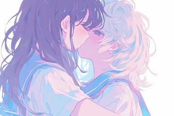 Shy Anime Girls Share Heartfelt First Kiss On White Background