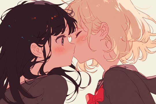 Shy Anime Girls Share Heartfelt First Kiss On White Background
