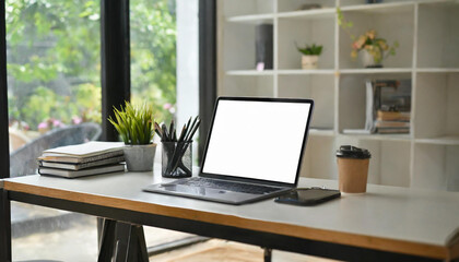 Blank screen computer laptop putting on smooth surface working desk over comfortable living room as...