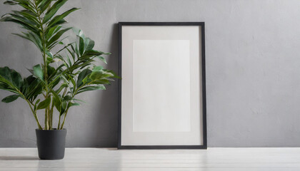 Blank vertical poster frame mock up standing on dark parquet floor next to white brick wall with vase and books. Clipping path around poster. illustration