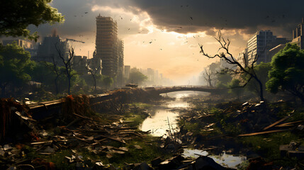 Urbanity's post-apocalyptic scene in the cityscape of nature
