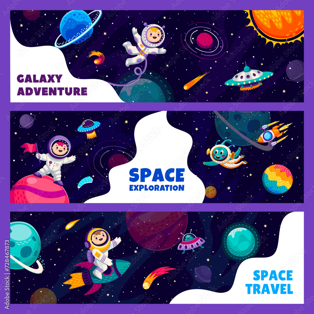 Poster kids astronauts at starry galaxy landscape. space travel banners with cartoon spaceman and alien cha