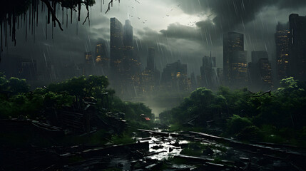  Post-apocalyptic cityscape during a rainstorm