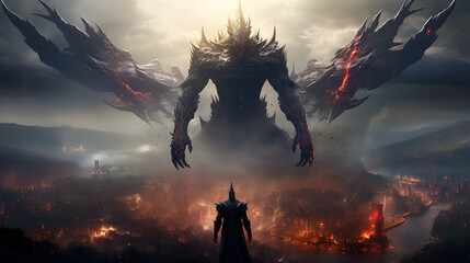 A towering creature rises beneath a city in a dark fantasy