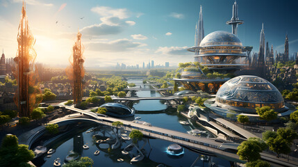  futuristic harmony eco-utopia with a sunrise