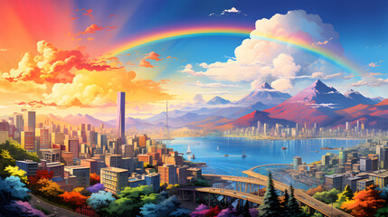 vibrant cityscape in a rainbow Metropolis