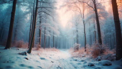 Low angle winter forest landscape blurry