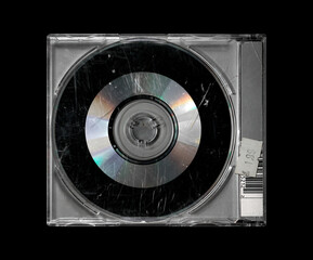 Jewel case full of scratches isolated on black. damaged music cd mockup.
